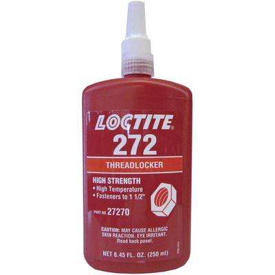 Red bottle with inscription 'LOCTITE 272 Threadlocker'. Suitable for high temperatures. Caution: Possible skin reactions.