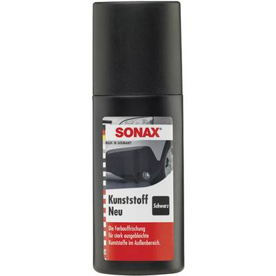 Black spray can from SONAX 'Plastic Renewal' for colour restoration of severely faded plastics in exterior areas.