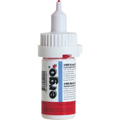 Small bottle with 'ergo' printed on it. Contains 5,400 plastic adhesive units. Product description and warning notices on the label.
