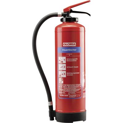 A red fire extinguisher with instructions for use: Pull out the safety pin, hold the hose, press the operating lever.