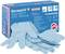 A box of 50 blue disposable nitrile gloves 'Dermatril P'. Details about size and chemical protection are on the packaging.