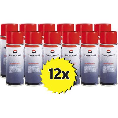 Twelve cans of TOOLCRAFT spray paint in red with yellow 12x sticker.