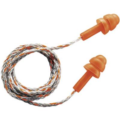 Orange ear plugs with a braided grey and orange cord, suitable for noise protection.