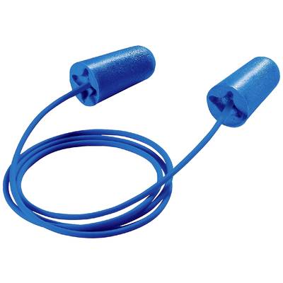 A pair of blue earplugs with a connecting cord, designed for hearing protection.
