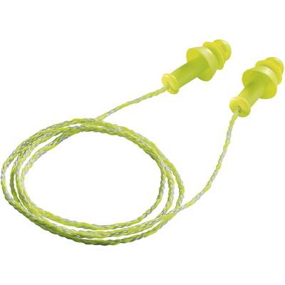 A pair of yellow earplugs with a cable, presumably for noise reduction or ear protection in loud environments.