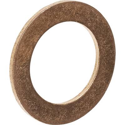 Copper sealing ring in close-up, showing its flat, round shape and metallic structure. Suitable for pipe connections.