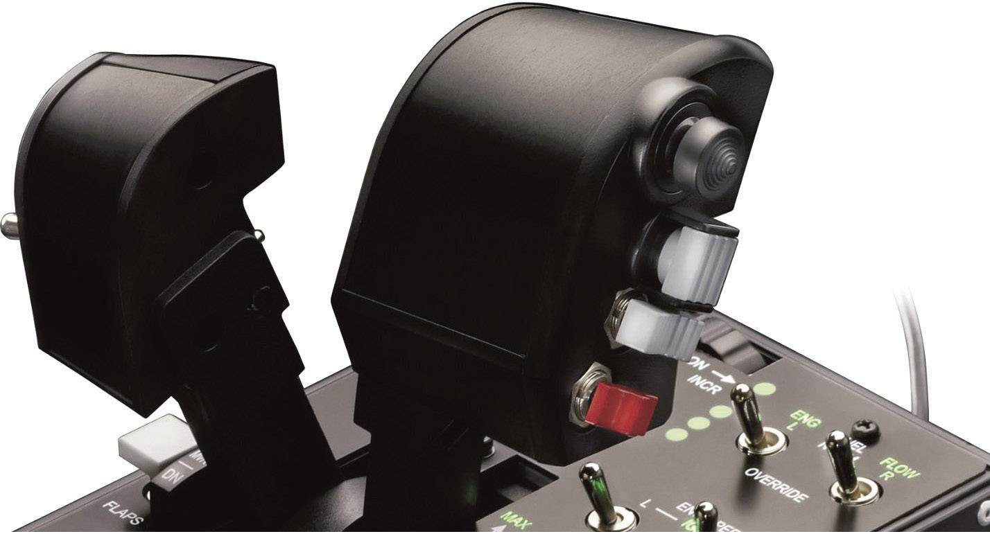 Flight simulation control unit with two thrust levers, switches, and indicator lights for realistic flight experiences.
