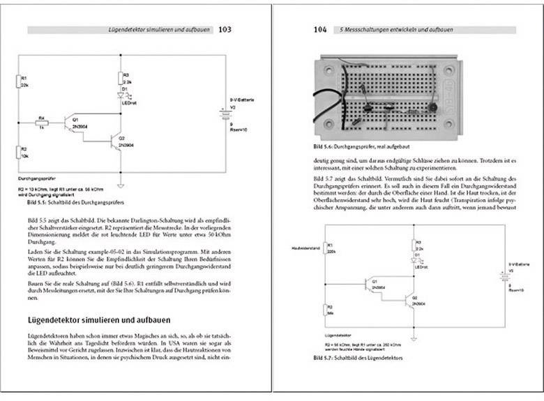 Double page of a book with circuit diagrams and texts relating to the simulation and construction of lie detectors. On the left, a circuit diagram; on the right, assembly instructions.