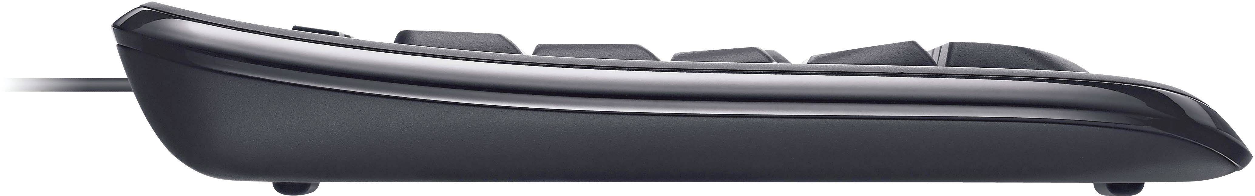 Side view of a black computer keyboard with recognisable key profiles, lying flat on a surface.