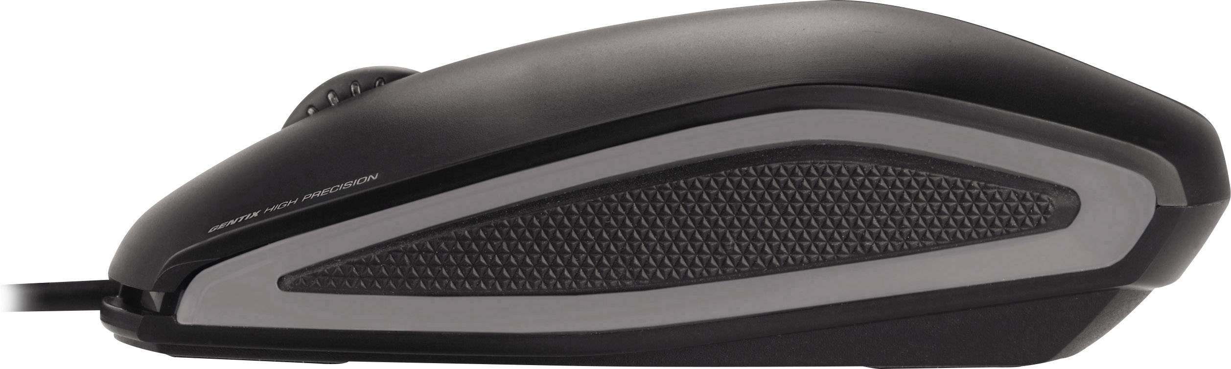 A black computer mouse with a cable, side view, shows ergonomic design with a textured grip area.