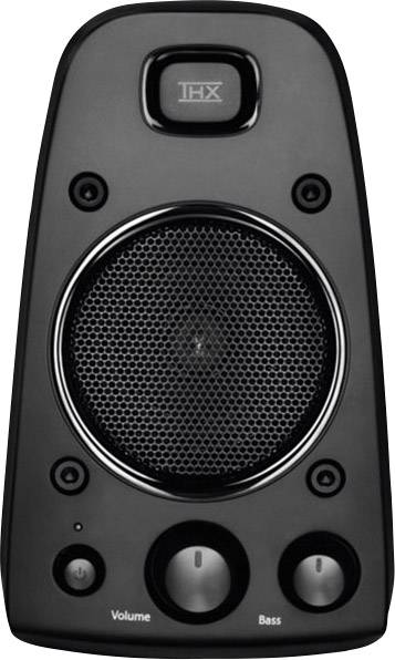 A black speaker with volume and bass controls on the front, with three control buttons visible in total.