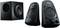 Black speaker system with subwoofer and two satellite speakers, suitable for multimedia use with THX certification.