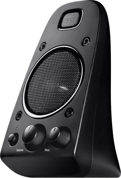 Black speaker with a circular speaker grille, three rotary controls for volume and bass on the front; understated, modern design.