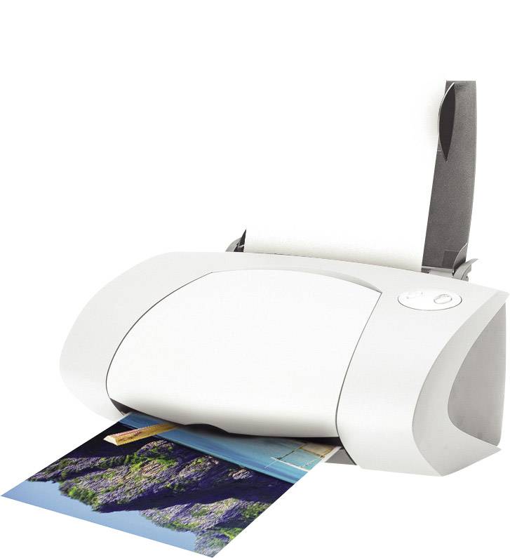 A white printer is printing a landscape photo. Paper stack loaded in the top tray.