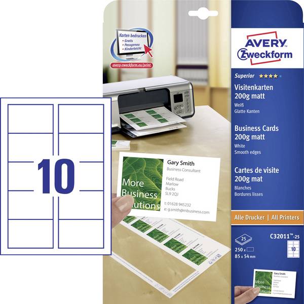 Avery-Zweckform C32011-25 Printable business cards (smooth edge) 85 x 54 mm White 250 pc(s) Paper size: A4