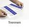 Two hands are separating a sheet with blue customs stamps along a perforated line. The word 'Separate' is written underneath.