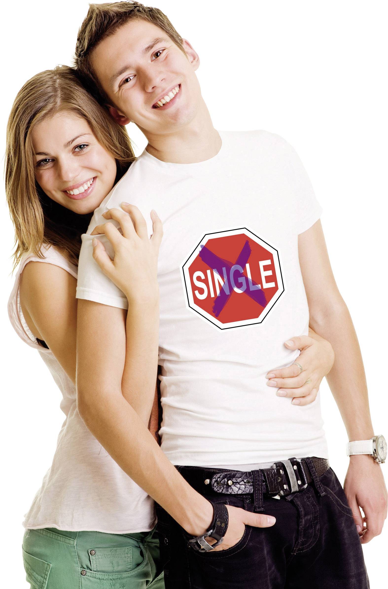 A young couple are smiling, with the man wearing a white T-shirt featuring a crossed-out 'Single' sign.