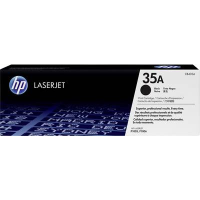 The packaging of an HP LaserJet 35A printer cartridge shows specifications such as black ink and professional print quality.