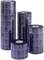 'Four black thermal transfer rolls of different sizes stand upright side by side on a white background.'