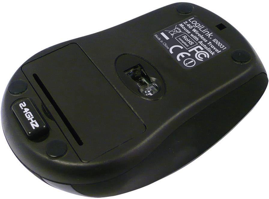 Black optical wireless computer mouse, back view showing battery compartment, sensor unit, and '2.4 GHz' label visible.