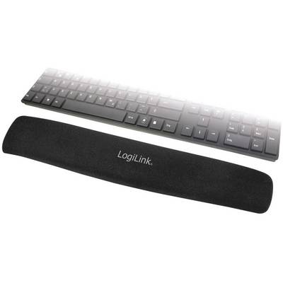 Ergonomic wrist rest in front of a black keyboard, enhancing typing comfort and supporting the wrist during work.