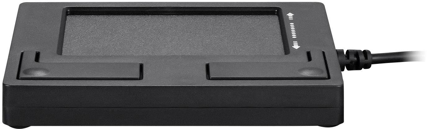 An electronic device with two buttons and a wide touchpad, connected by a cable. It could be used for input functions.