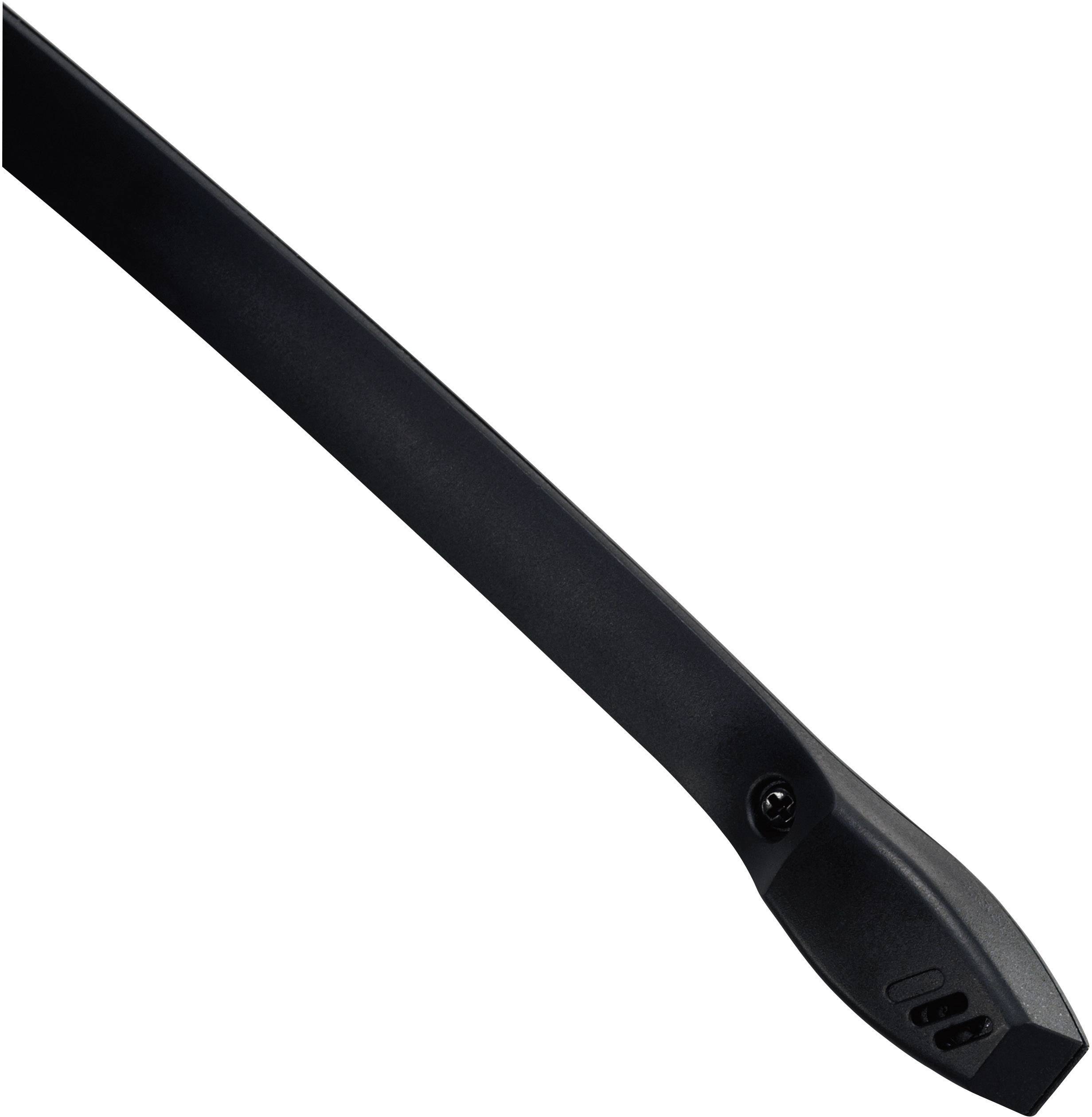 Black spoiler of a windscreen wiper trim, shown at an angle, with a fastening screw at the right-hand end.