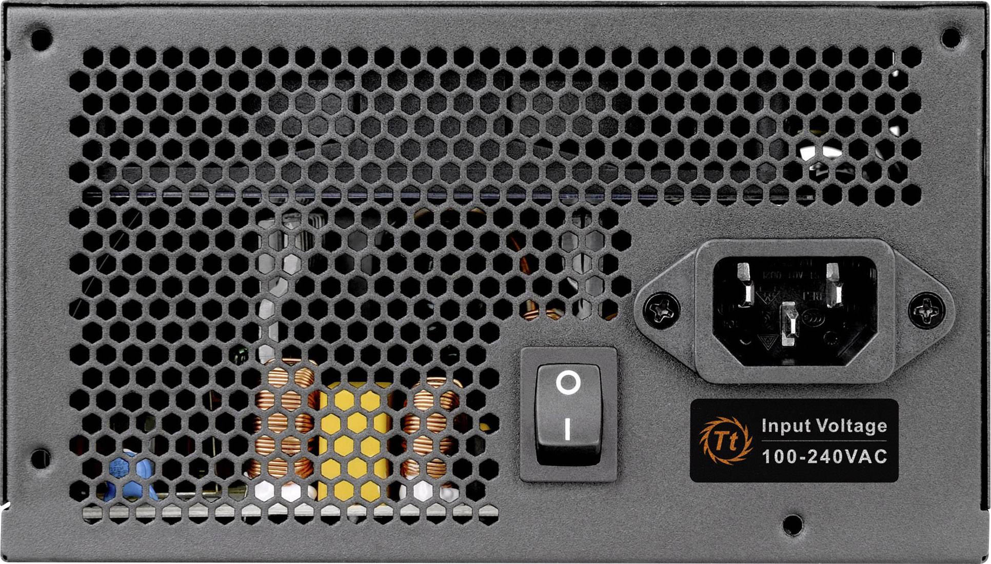 Power supply view with ventilation grille and power switch. Label: 'Input Voltage 100-240VAC'.