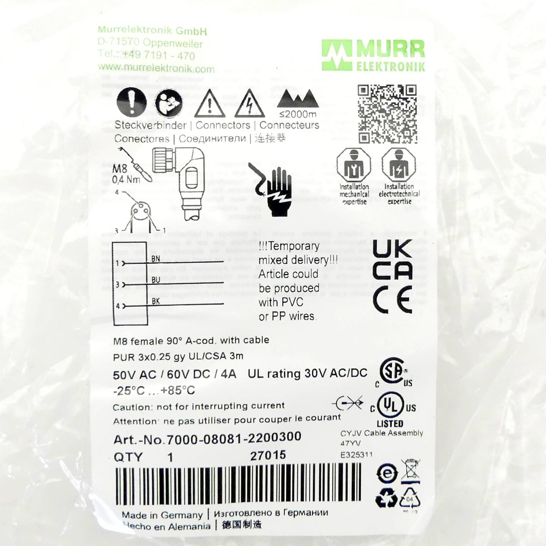 Murrelektronik 7000-08081-2200300 Sensor/actuator connector M8 x 1 Socket, right angle 3.00 m No. of pins (RJ): 3 1 pc(s-2