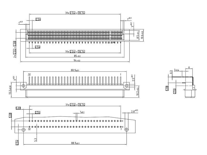 ept 116-40054 Edge connector (sockets) Total number of pins 64 No. of rows 3 1 pc(s)-2