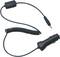 Car charger with coiled cable, 12V plug and 3.5 mm jack plug for audio or charging connection in vehicles.