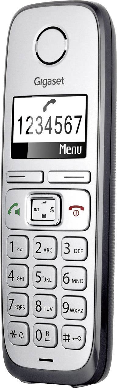 Cordless telephone by Gigaset with numerical display and menu button. Call answer and end buttons, with a numeric keypad below.
