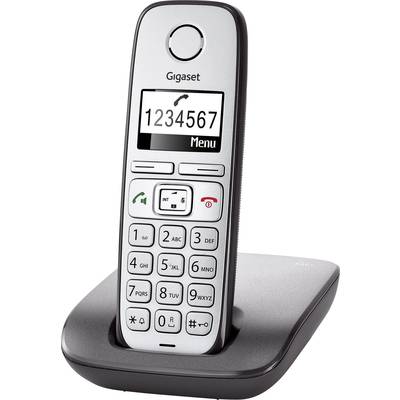 Cordless telephone on charging base, display showing numbers and text 'Menu'. Buttons with symbols for answering and ending calls.