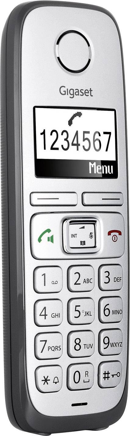A cordless landline telephone with a keypad and small display showing the number '1234567'. Brand: Gigaset.