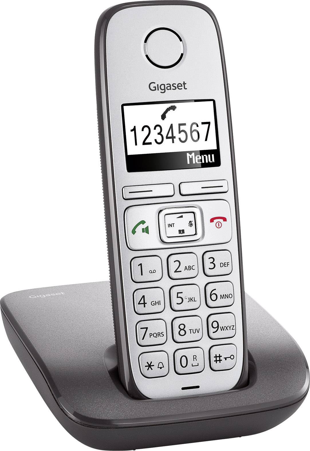 Cordless landline telephone with keypad, display showing '1234567'.