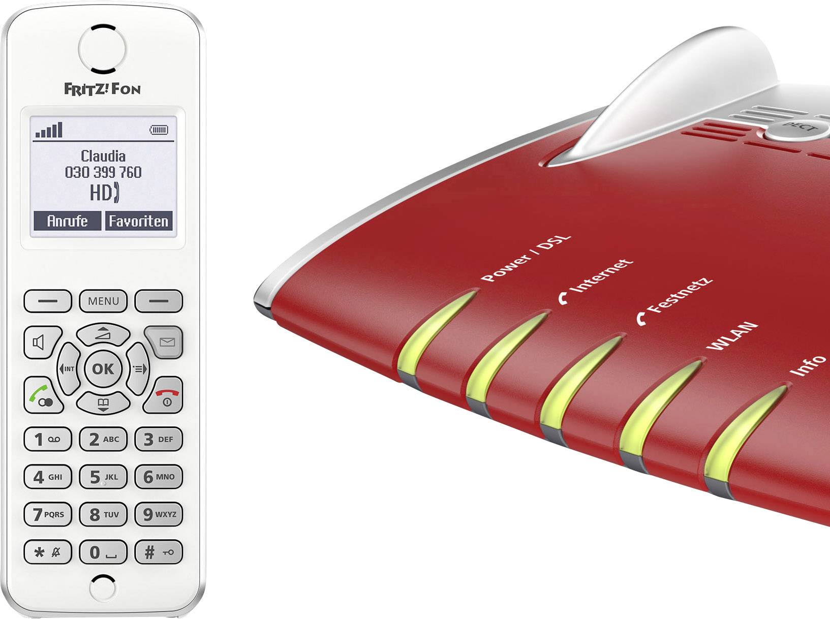 A white cordless telephone and a red router with illuminated LED indicators for power/DSL, internet, landline, Wi-Fi, and information.