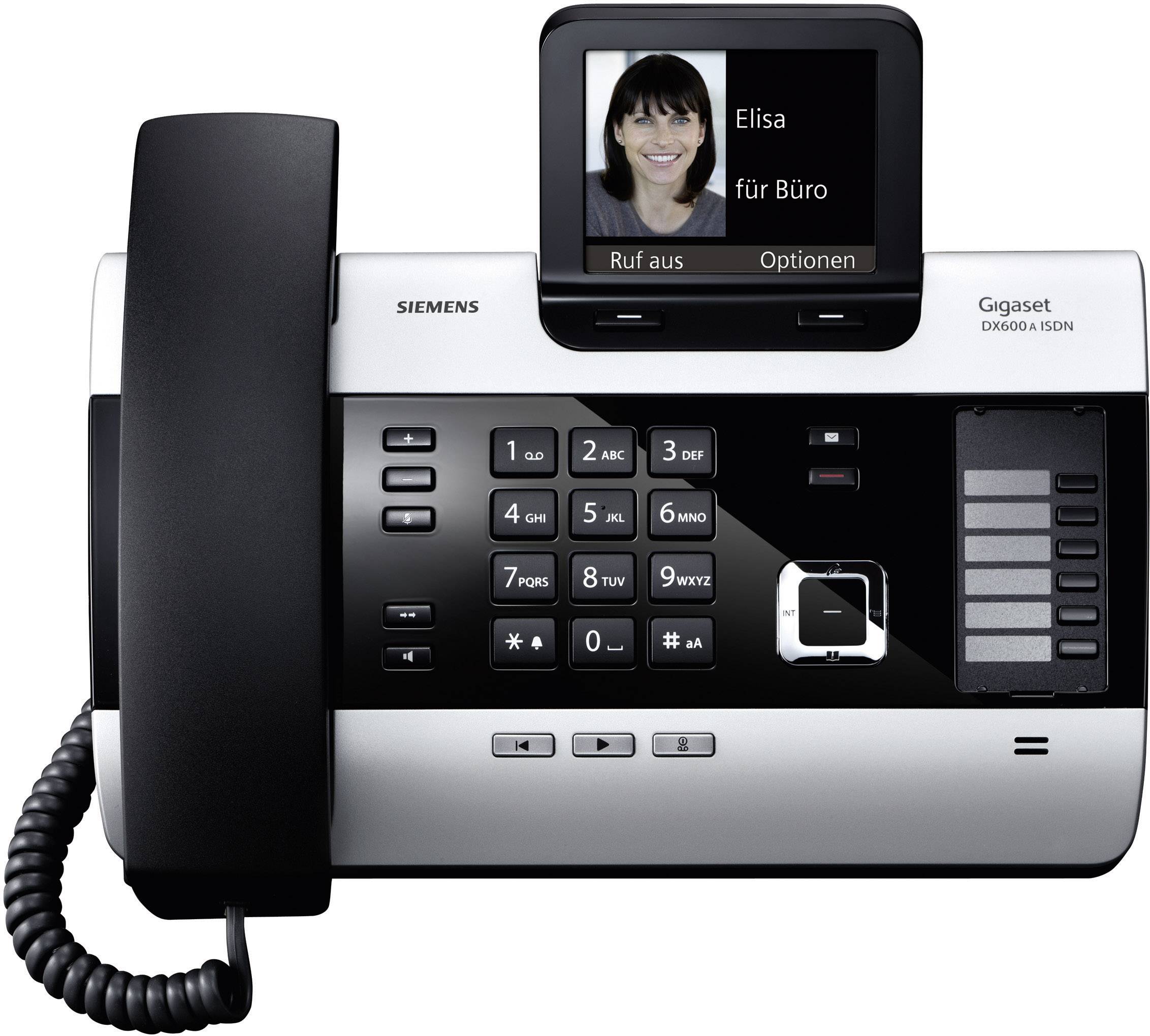 Telephone with display showing 'Elisa for Office'. It has buttons for phone numbers and functions such as 'Call' and 'Options'.