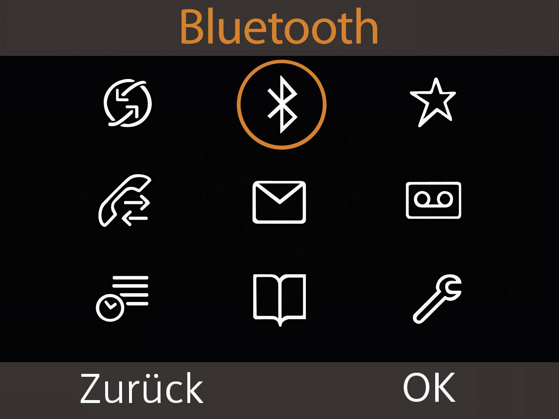 Main screen of a menu with icons for Bluetooth, Favourites, Call List, Messages, Voicemail, Settings, and more. 'Back' and 'OK' options.