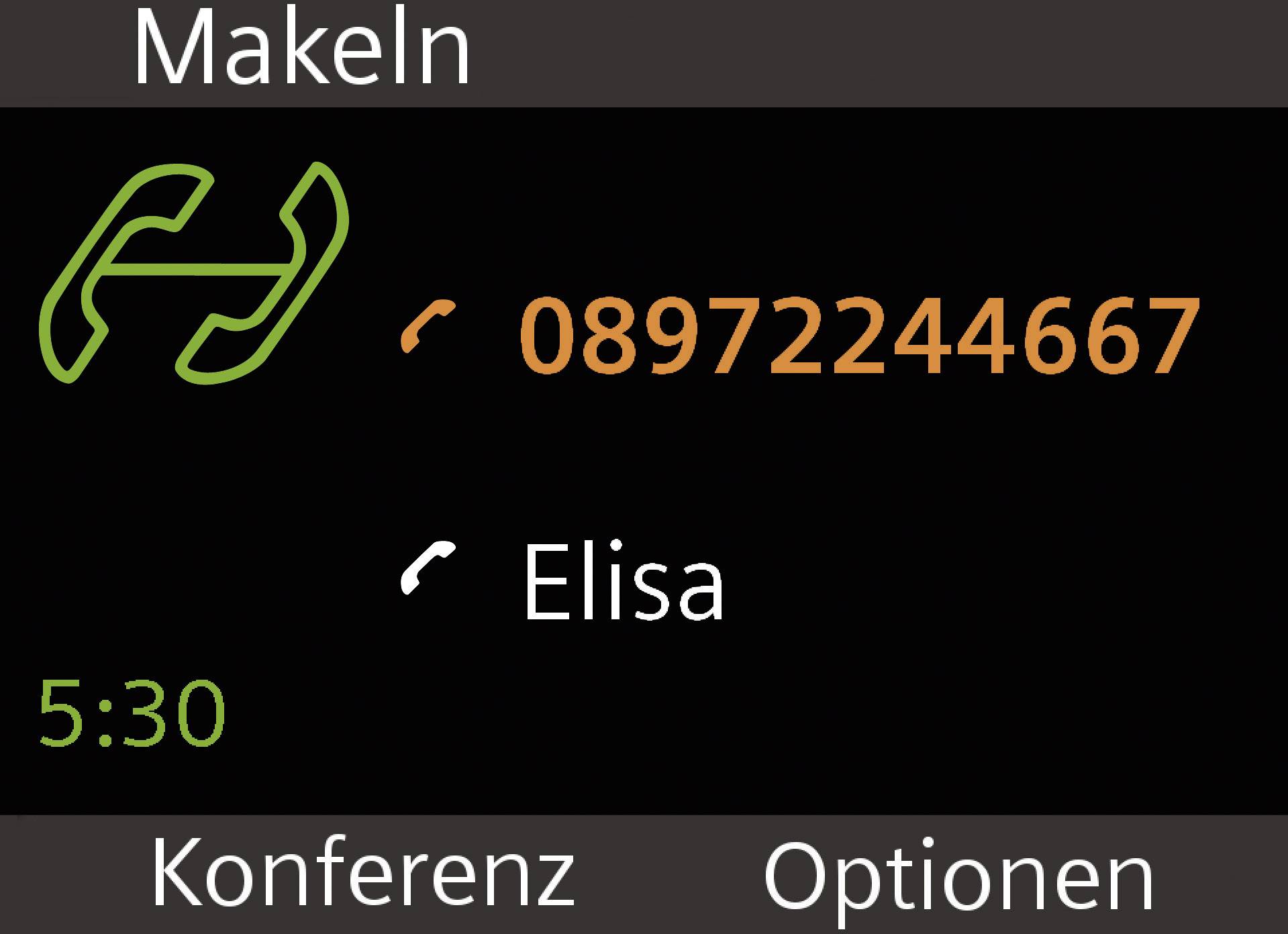 Telephone display with two active calls. Top number '08972244667', bottom 'Elisa'. Options: Call Waiting, Conference. Time: 5:30.