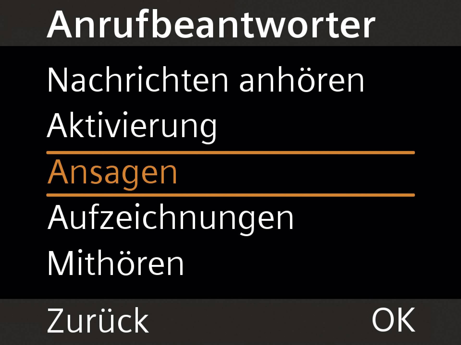 'Answering Machine Menu' with options: 'Listen to Messages', 'Activation', 'Greetings', 'Recordings', 'Monitoring'. Options 'Back' and 'OK'.