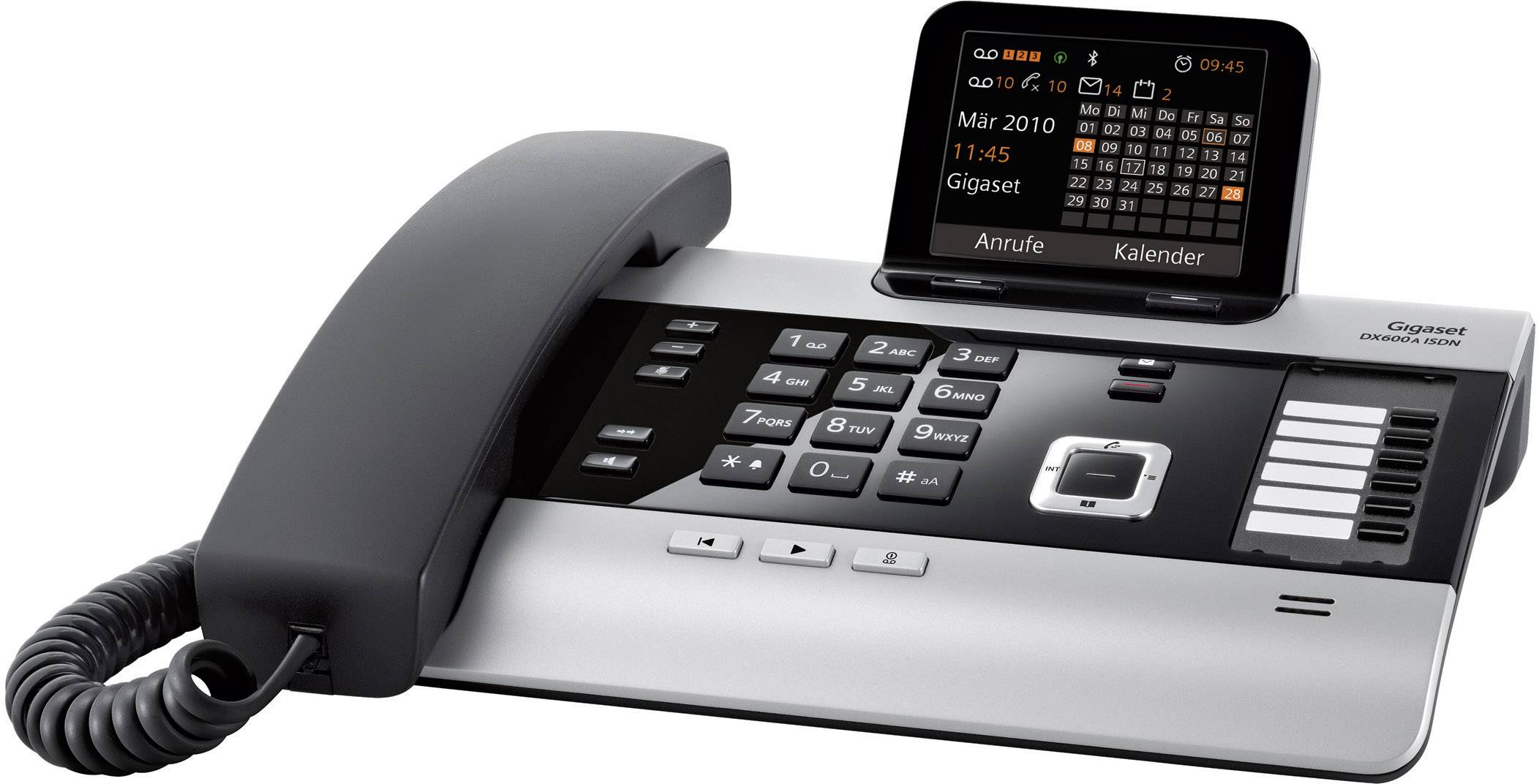 Telephone with handset and display showing date and time. Keypad with numbers and function keys, modern design.