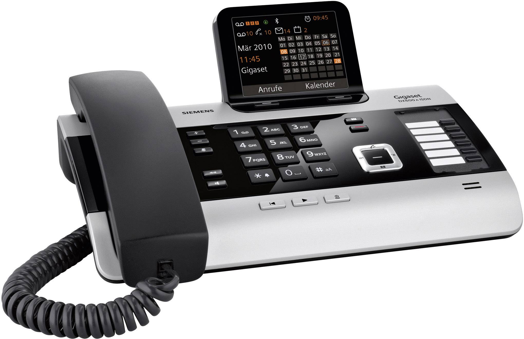 A cordless telephone with base station, digital display, and keypad. Display shows calendar and calls.