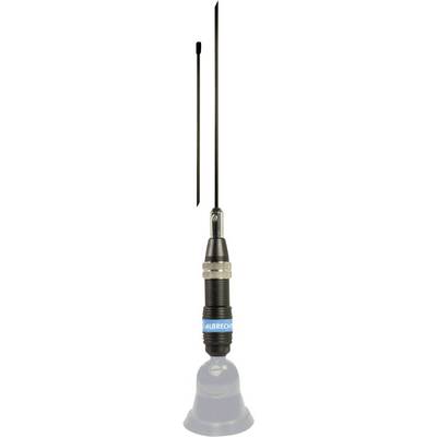 A black whip aerial with a silver base and blue lettering.