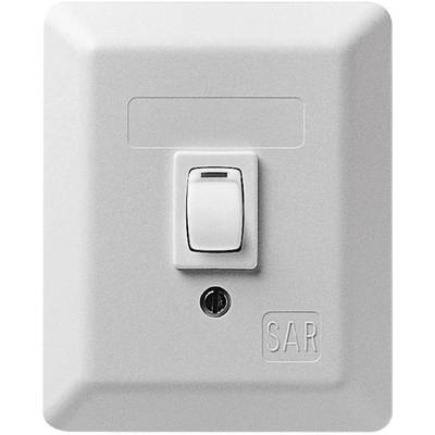'A simple light switch on a white plate, switched on in the upper position.'