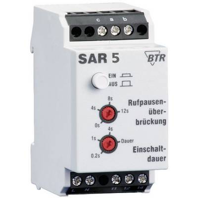 A white SAR 5 switching relay with two red adjustment knobs for controlling the switch-on and bypass duration. Connections at the top and bottom.
