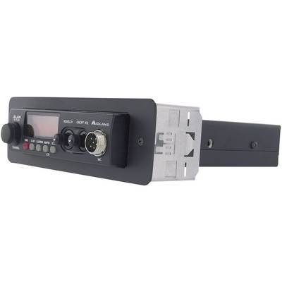 A car radio with a display and controls on the front panel. Includes a rotary knob, buttons, and sockets for a microphone.