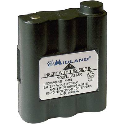 Rechargeable Ni-MH Battery by Midland, Model BATT-5R, 6V 700mAh. Text indicates proper disposal, manufactured in China.