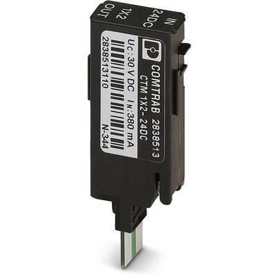 Electronic component with 'COMTRAB' printed label, recessed contacts, side-printed with technical specifications.