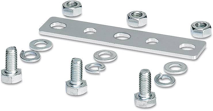 A metal strut with six holes is surrounded by four screws, nuts, and washers. Ideal for fixing purposes.