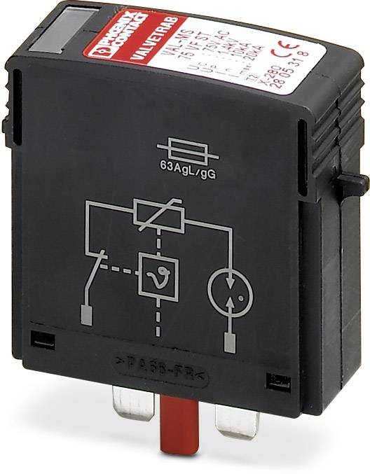 Black electronic component with graphical symbols. 'Phoenix Contact' is printed at the top. Two metal pins protrude from the bottom.